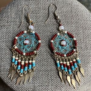 Boho Dreamcatcher Beaded Dangle Earrings Turquoise Red Fringe